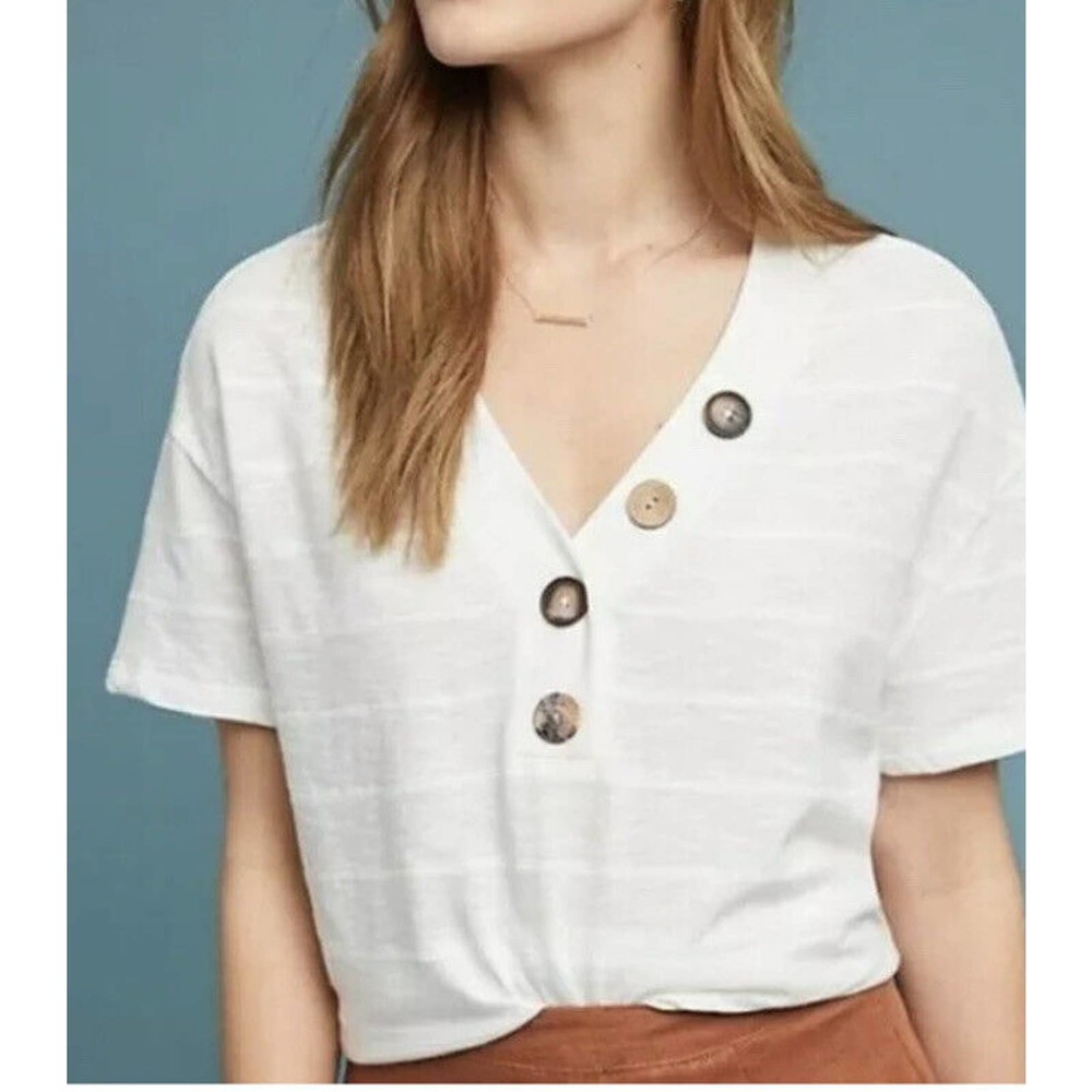 Anthropologie, Eri+Ali, Seaside White V-Neck Button Flowy Oversize Top XS